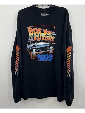 Back to the Future 1985 DeLorean Men's 2XL Black Long Sleeve Graphic T-Shirt
